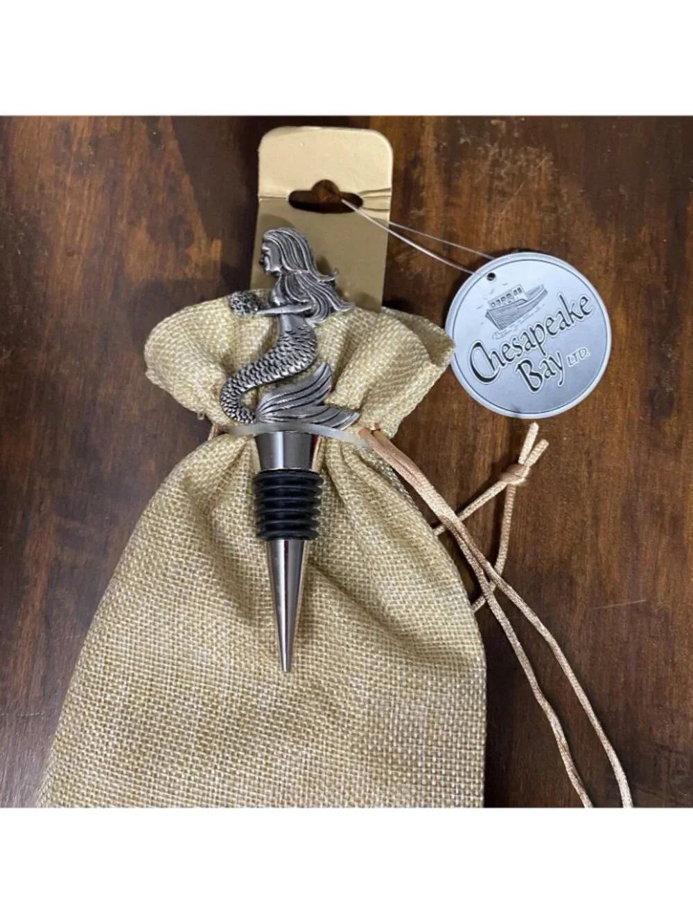 Chesapeake Bay Mermaid Wine Bottle Stopper & Bag Beach Biege Silver Nautical